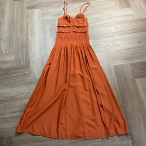 Seven Wonders Smocked Ruffle Slit Boho Prarie Maxi Dress XS Rust Burnt Orange